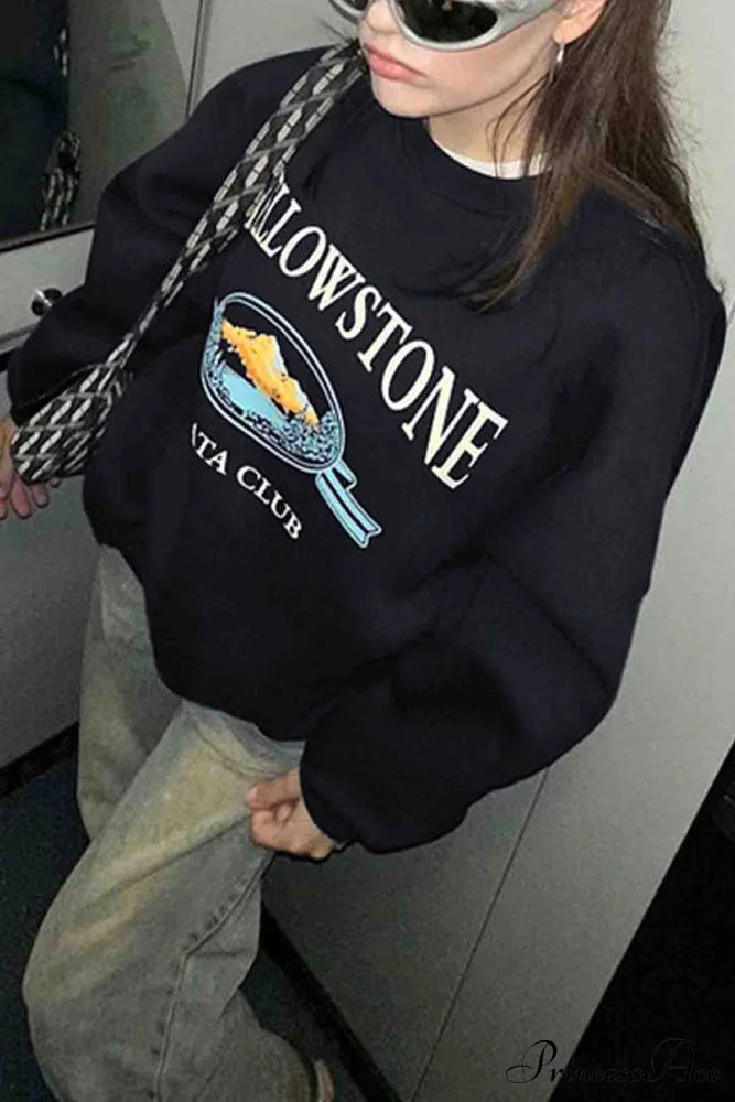 Navy Blue Crew Neck Long Sleeve Sweatshirt With Print Sweatshirts