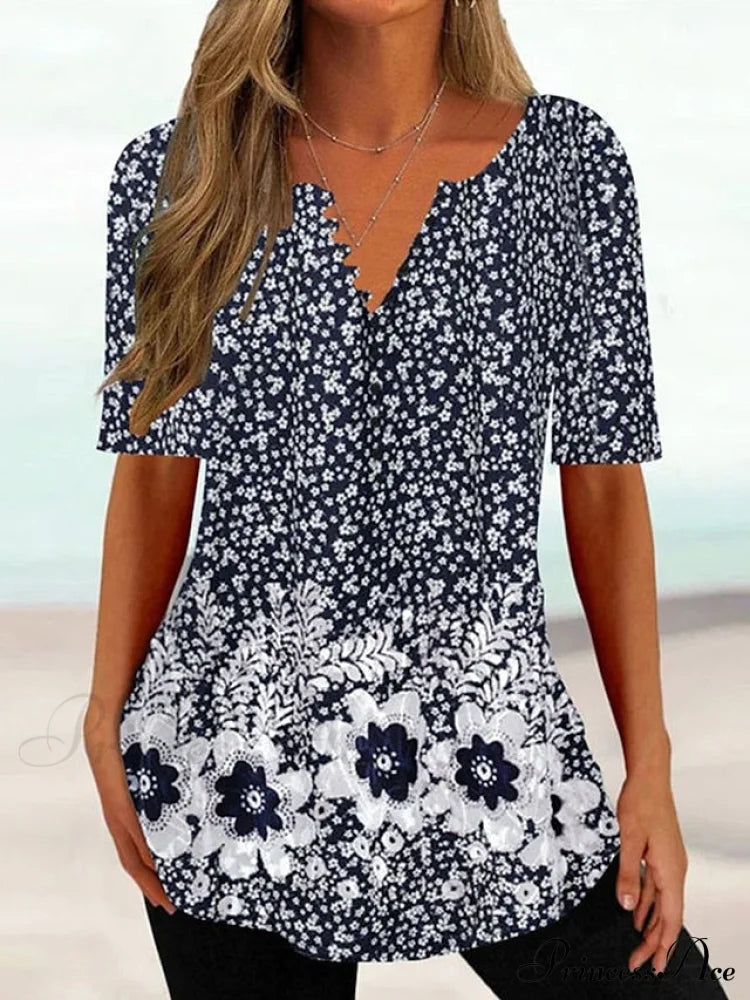 Navy Fit Flowered Women’s In Brief Blue Painting Button Tunic White Sleeve Regular Neck Black