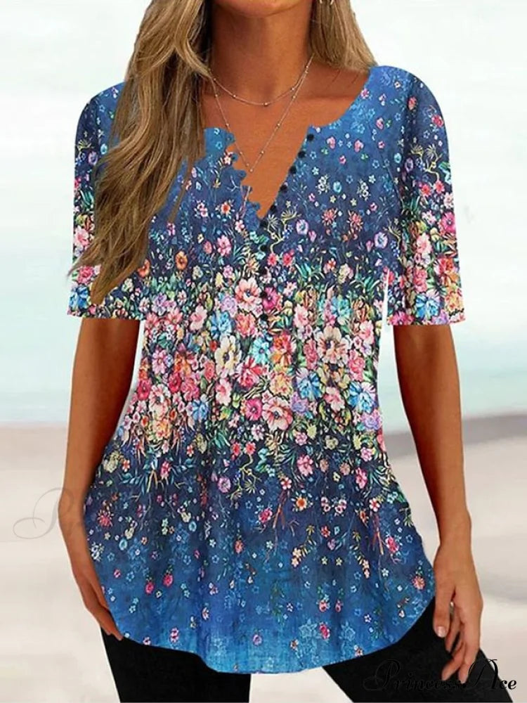 Navy Fit Flowered Women’s In Brief Blue Painting Button Tunic White Sleeve Regular Neck Black