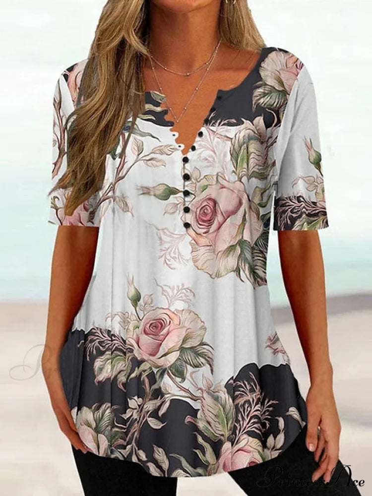 Navy Fit Flowered Women’s In Brief Blue Painting Button Tunic White Sleeve Regular Neck Black