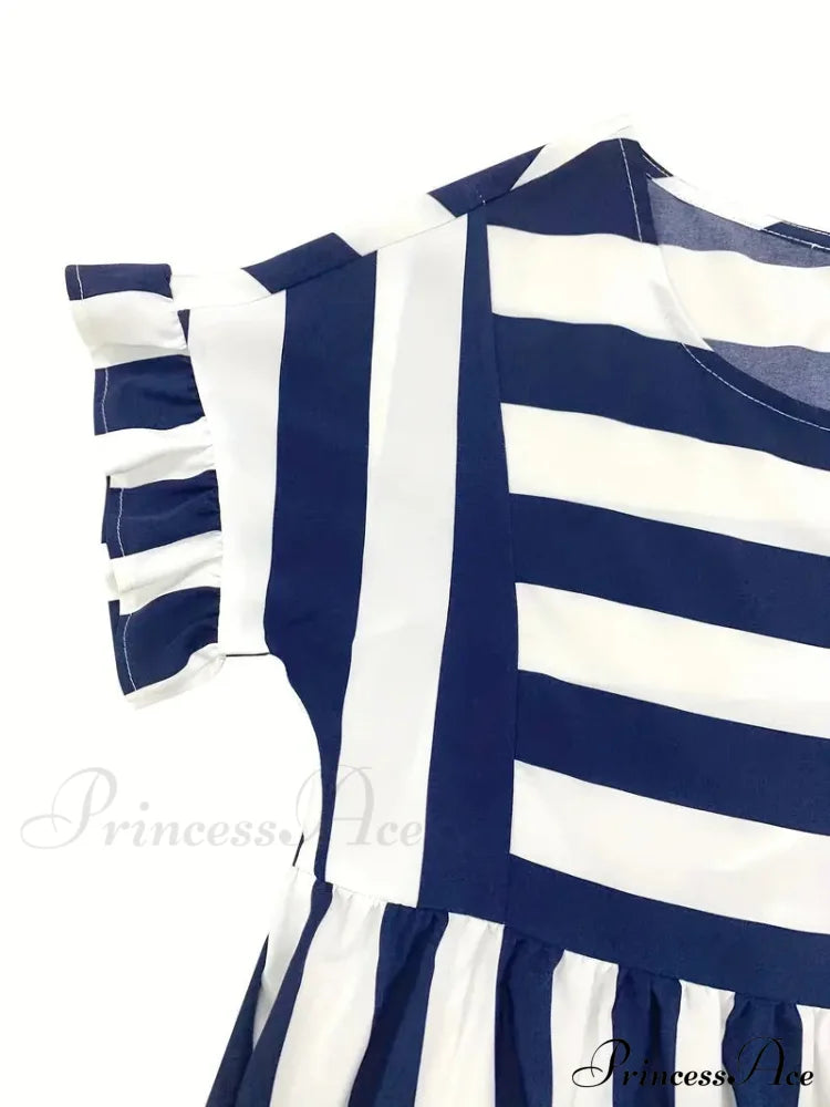 Navy Striped Summer Dress With Short Sleeves M / Black Navy Blue Striped Dress