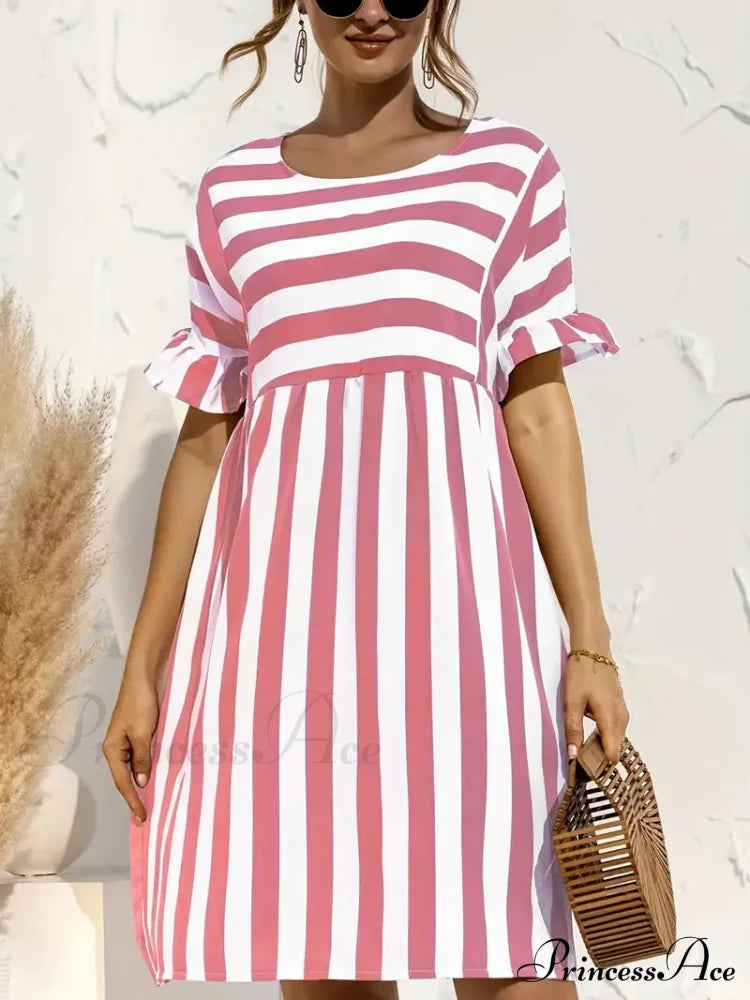 Navy Striped Summer Dress With Short Sleeves M / Pink Navy Blue Striped Dress