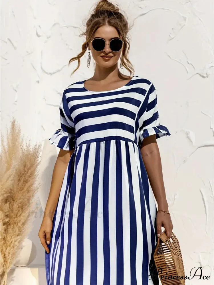 Navy Striped Summer Dress With Short Sleeves S / Black Navy Blue Striped Dress