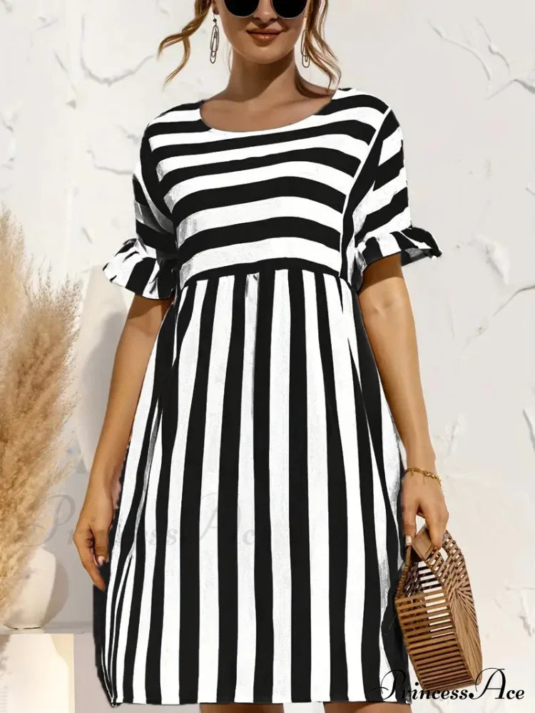 Navy Striped Summer Dress With Short Sleeves S / Navy Blue Striped Dress
