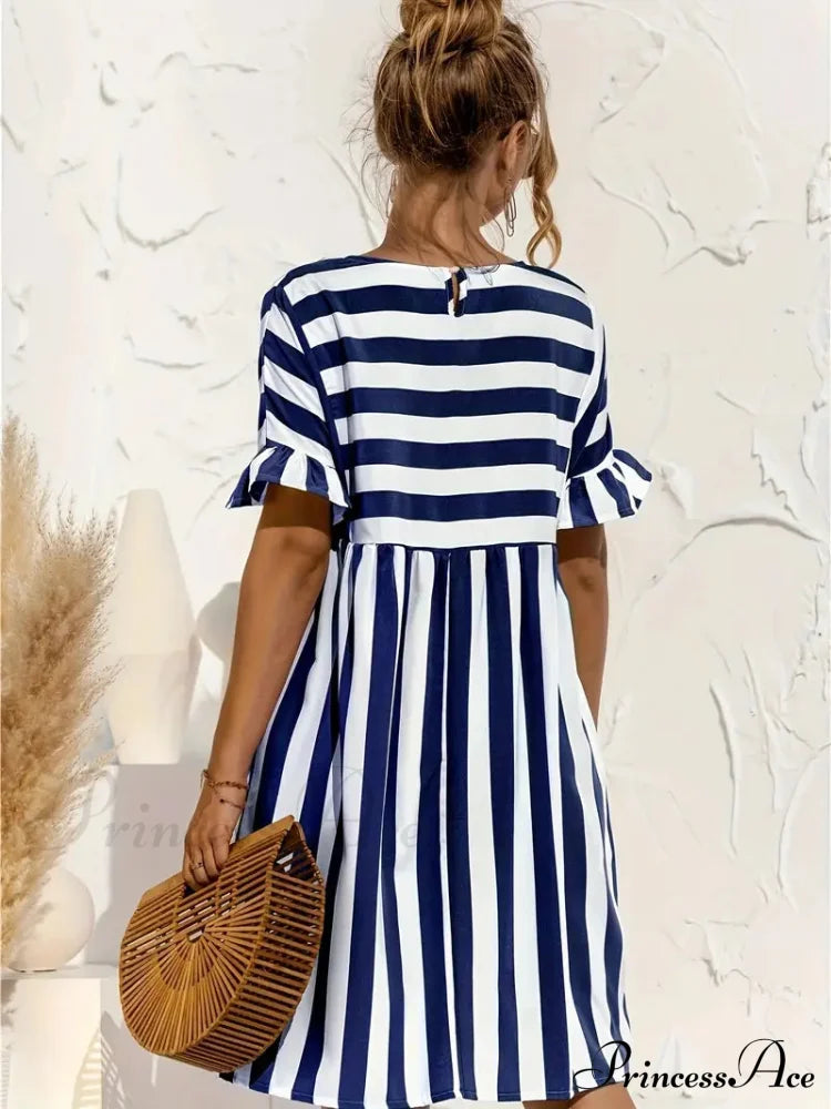 Navy Striped Summer Dress With Short Sleeves S / Blue Navy Blue Striped Dress