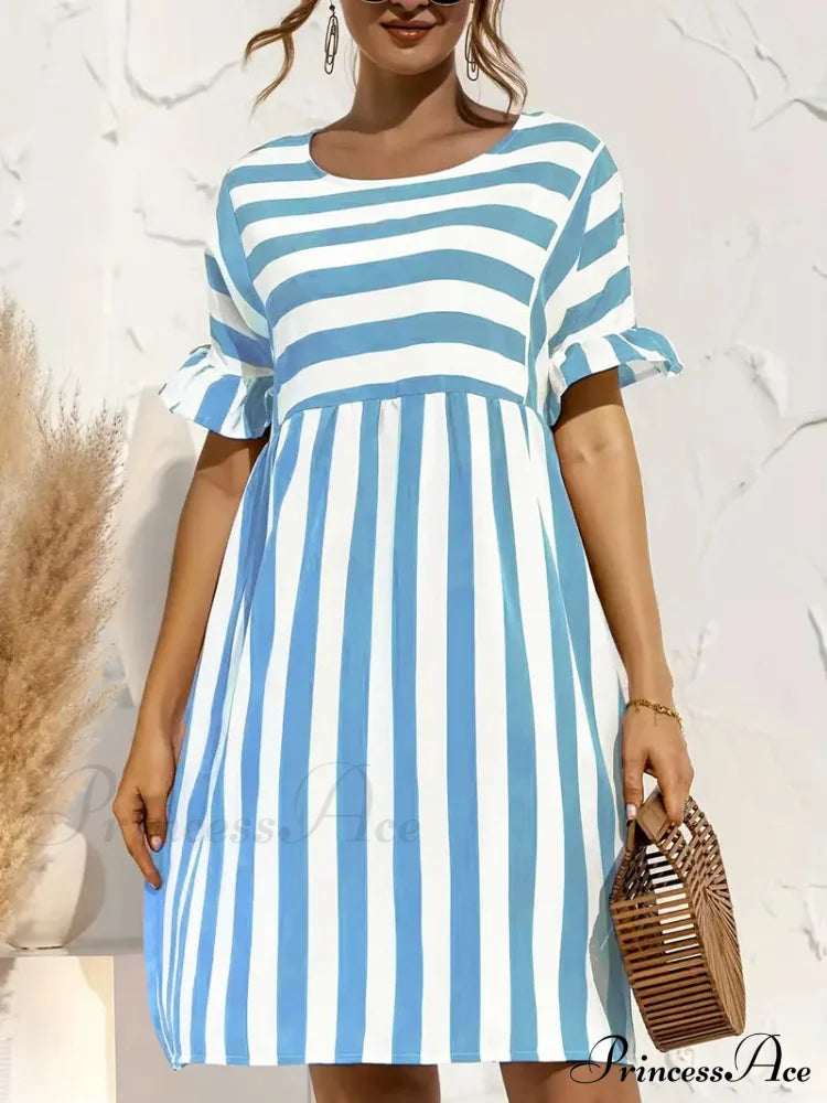 Navy Striped Summer Dress With Short Sleeves S / Green Navy Blue Striped Dress