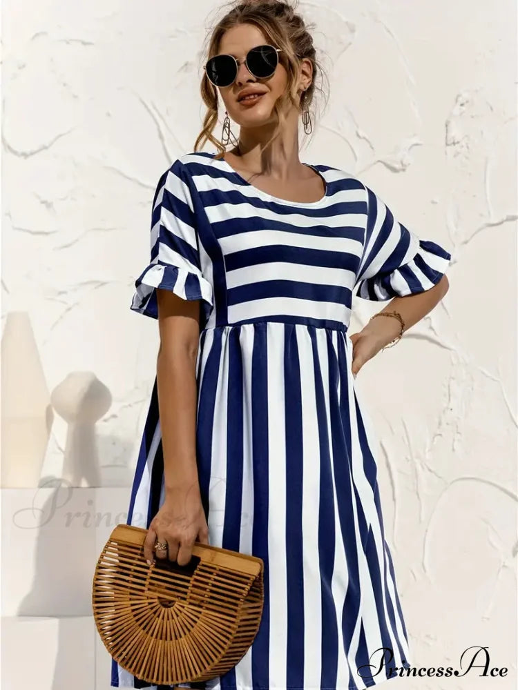 Navy Striped Summer Dress With Short Sleeves S / Pink Navy Blue Striped Dress