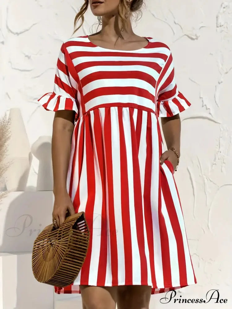 Navy Striped Summer Dress With Short Sleeves S / Red Navy Blue Striped Dress