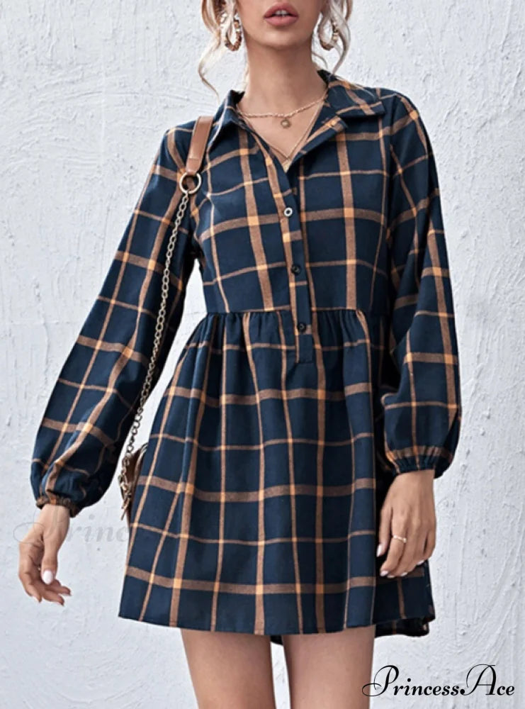 Navy V Neck Plaid Prints Buttons Casual Sweet Dress For Women Dresses