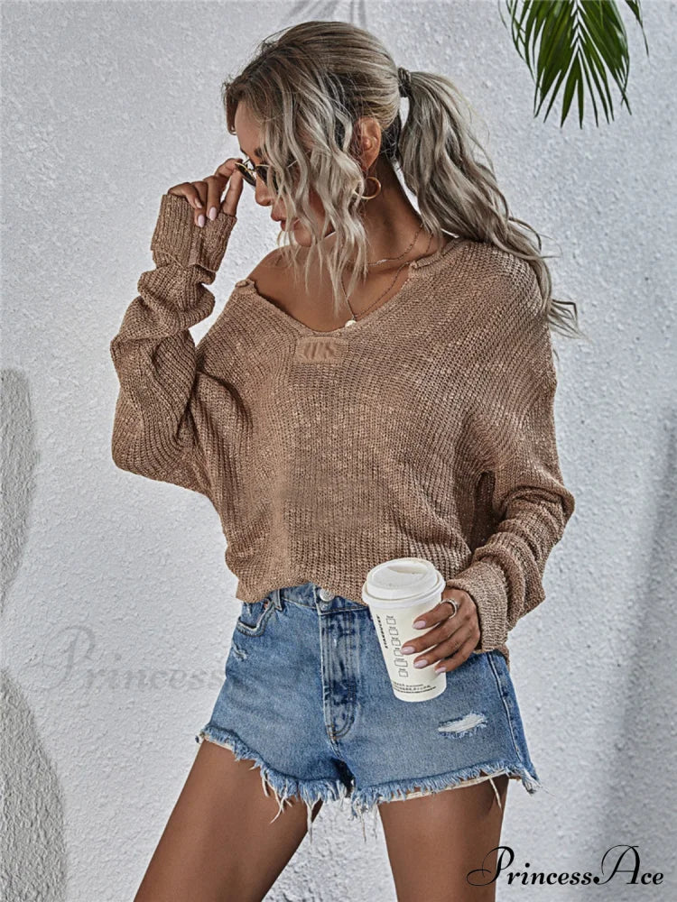 Notched Neck Slit Knit Top Dust Storm clothes J&Q long sleeve shirt long sleeve shirts long sleeve top long sleeve tops Ship From Overseas Shipping Delay 09/29/2023 - 10/04/2023 shirt shirts top tops