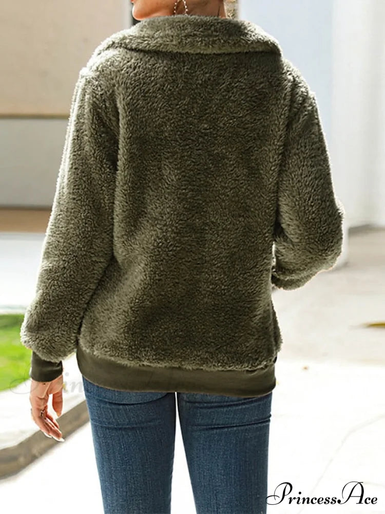 Neck Street Sweatshirt V - Women’s Fleece Pink Solid Arm Long Green Micro-Elastic Khaki Top Teddy
