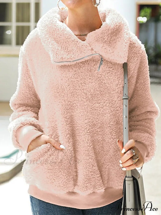 Neck Street Sweatshirt V - Women’s Fleece Pink Solid Arm Long Green Micro-Elastic Khaki Top Teddy