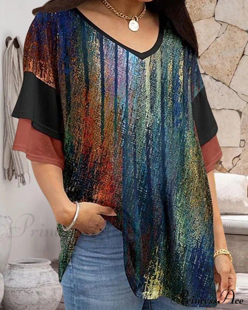 Chic V Neck Print T-shirt 1# 23BF clothes Short Sleeve Tops Summer T-SHIRTS Tops/Blouses