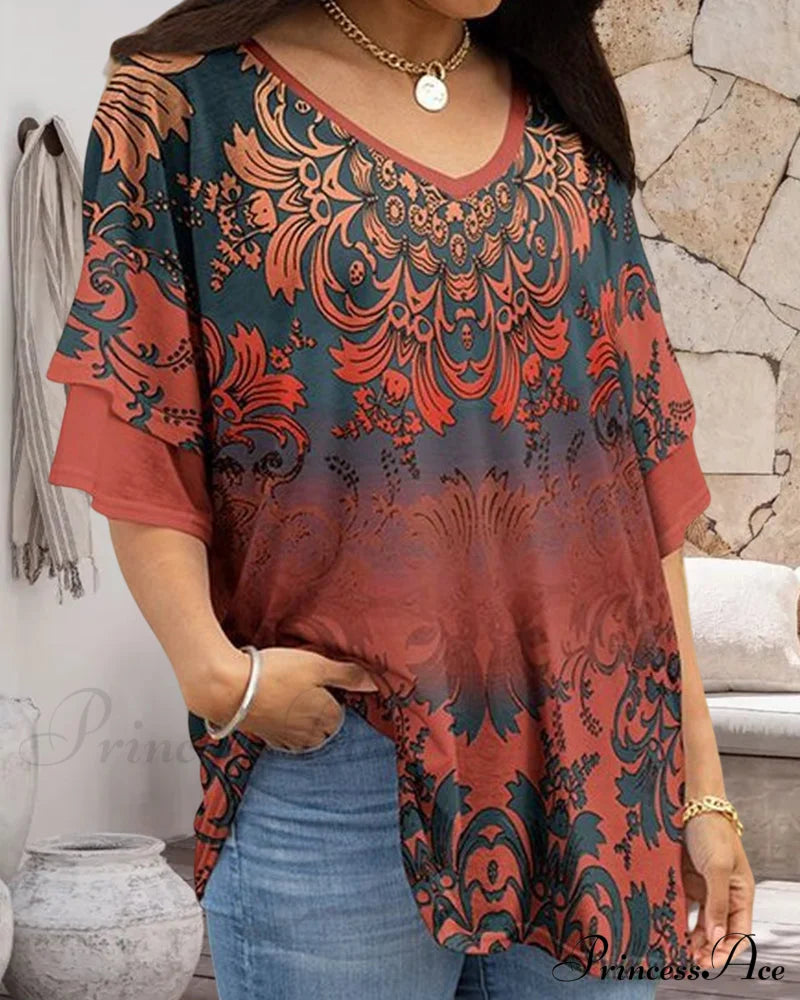 Chic V Neck Print T-shirt 12# 23BF clothes Short Sleeve Tops Summer T-SHIRTS Tops/Blouses
