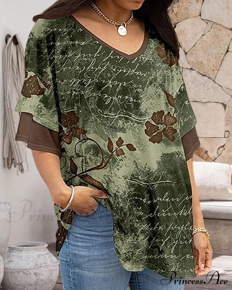 Chic V Neck Print T-shirt 5# 23BF clothes Short Sleeve Tops Summer T-SHIRTS Tops/Blouses
