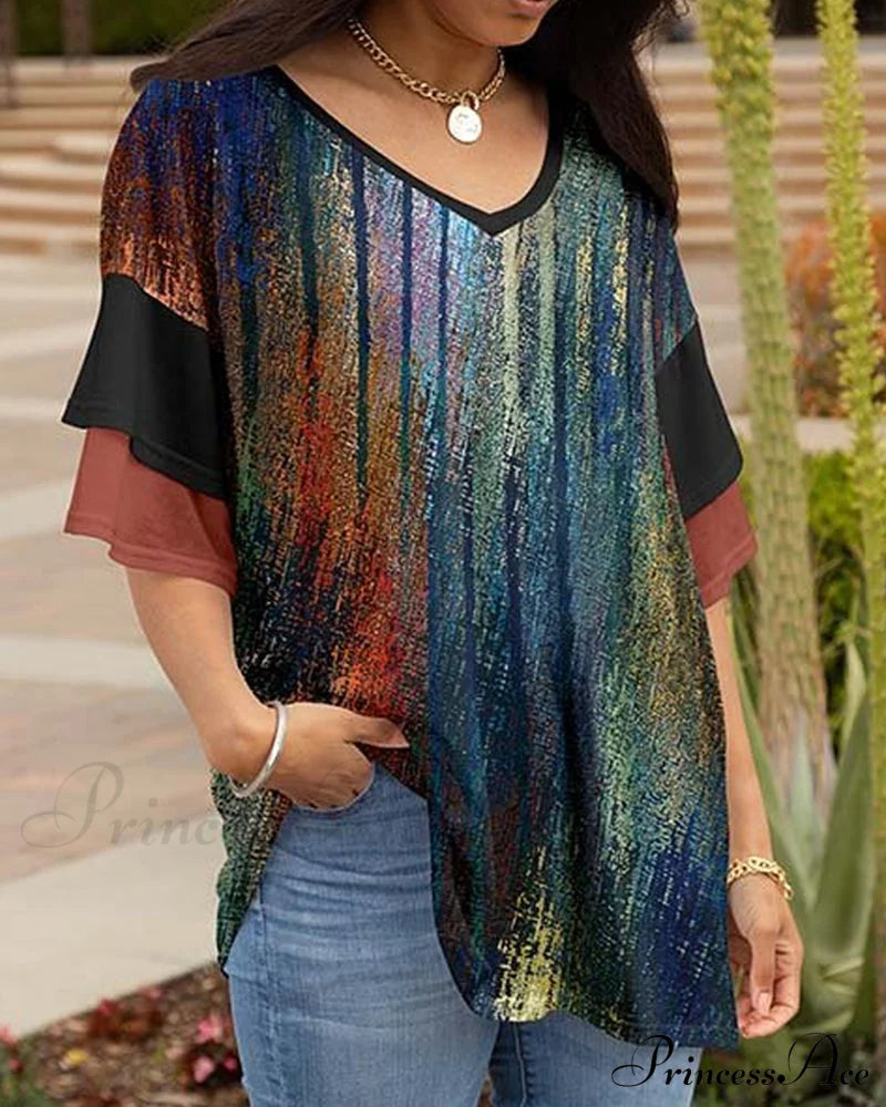 Neck Stylish V Patterned Tee T-Shirts