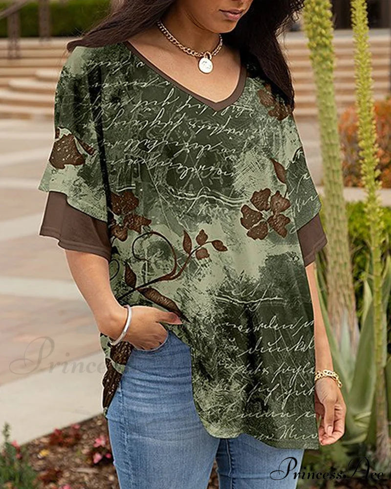 Neck Stylish V Patterned Tee T-Shirts