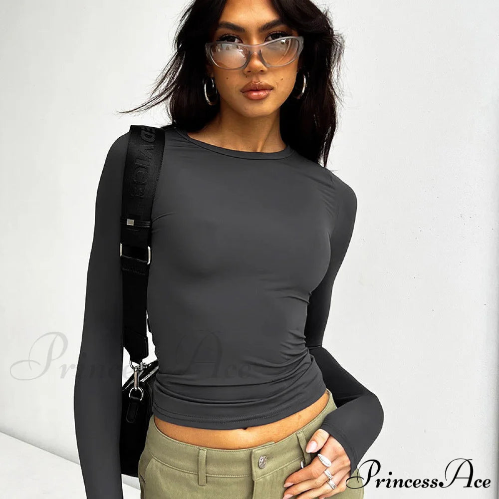 Women's Top, round neck slim long sleeve solid color long sleeve t-shirt Grey clothes long sleeve top shirt shirts top tops