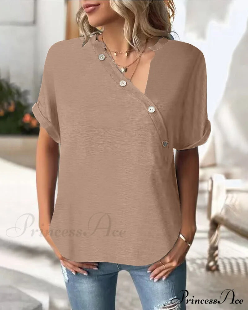 Solid Color Irregular Collar T-Shirt Khaki 23BF clothes Short Sleeve Tops Spring Summer T-shirts Tops/Blouses