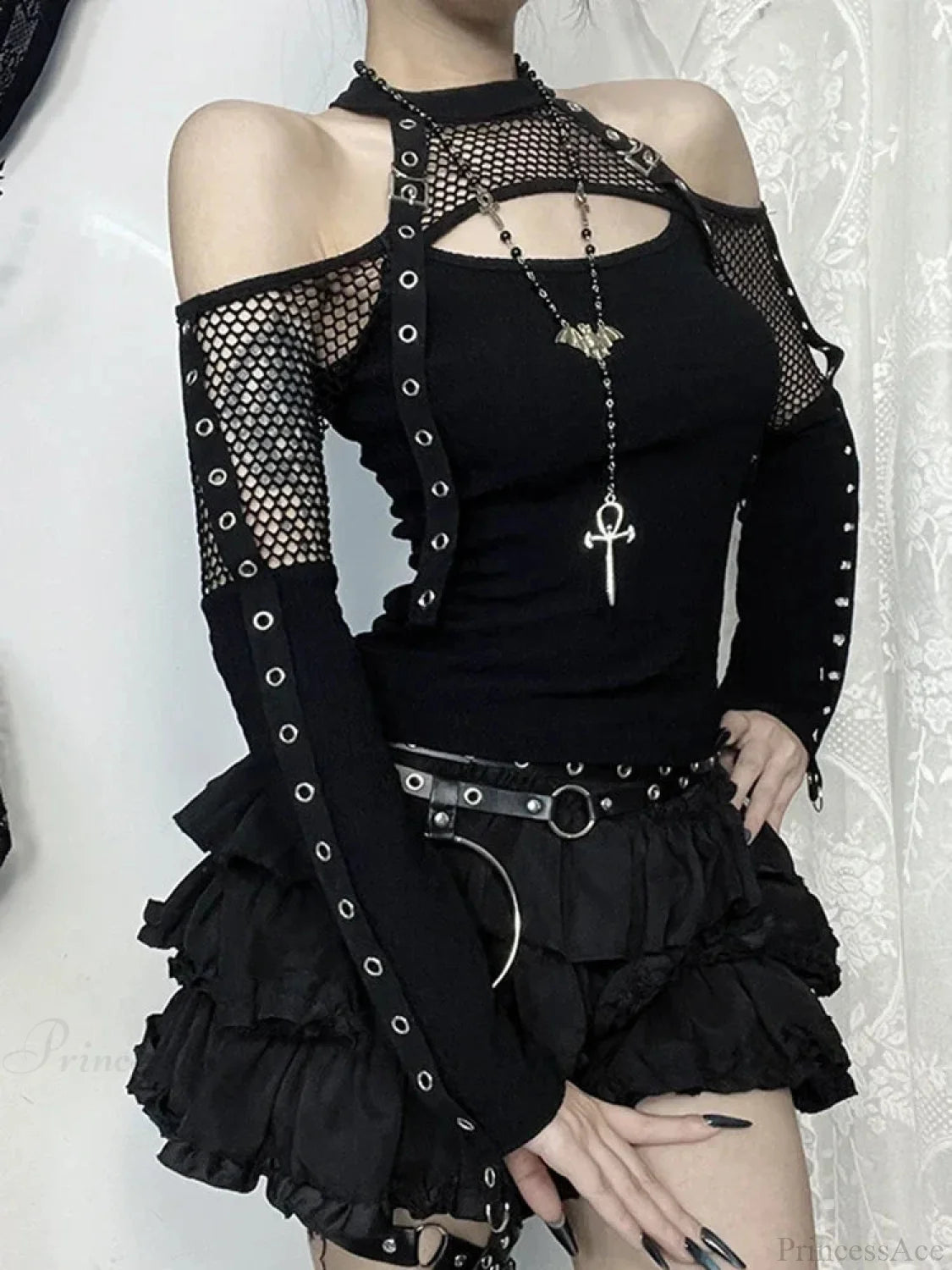 Net Empty Sleeve Knit Top Black / S