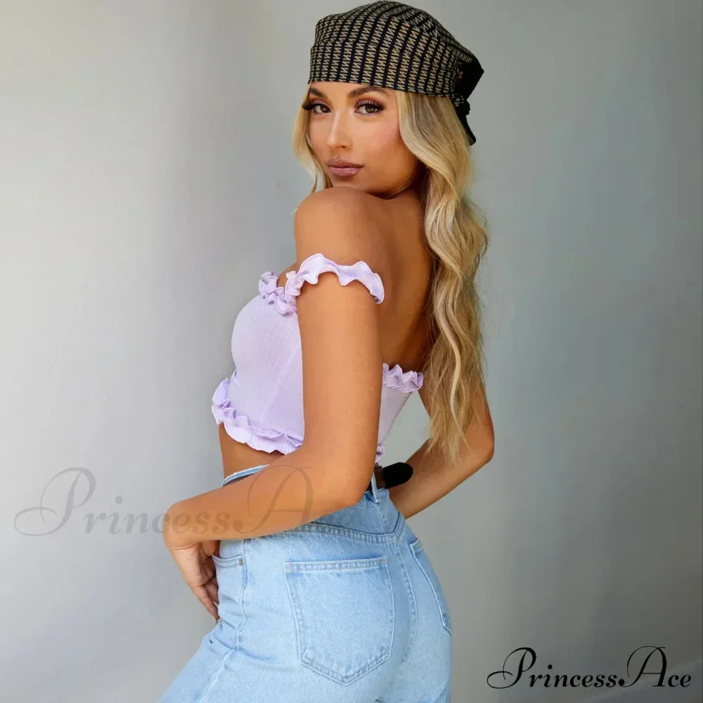 New 2024 Cute Purple Off Shouler Crop Ruffles T Shirttube For Women Summer Clothes Tank Top
