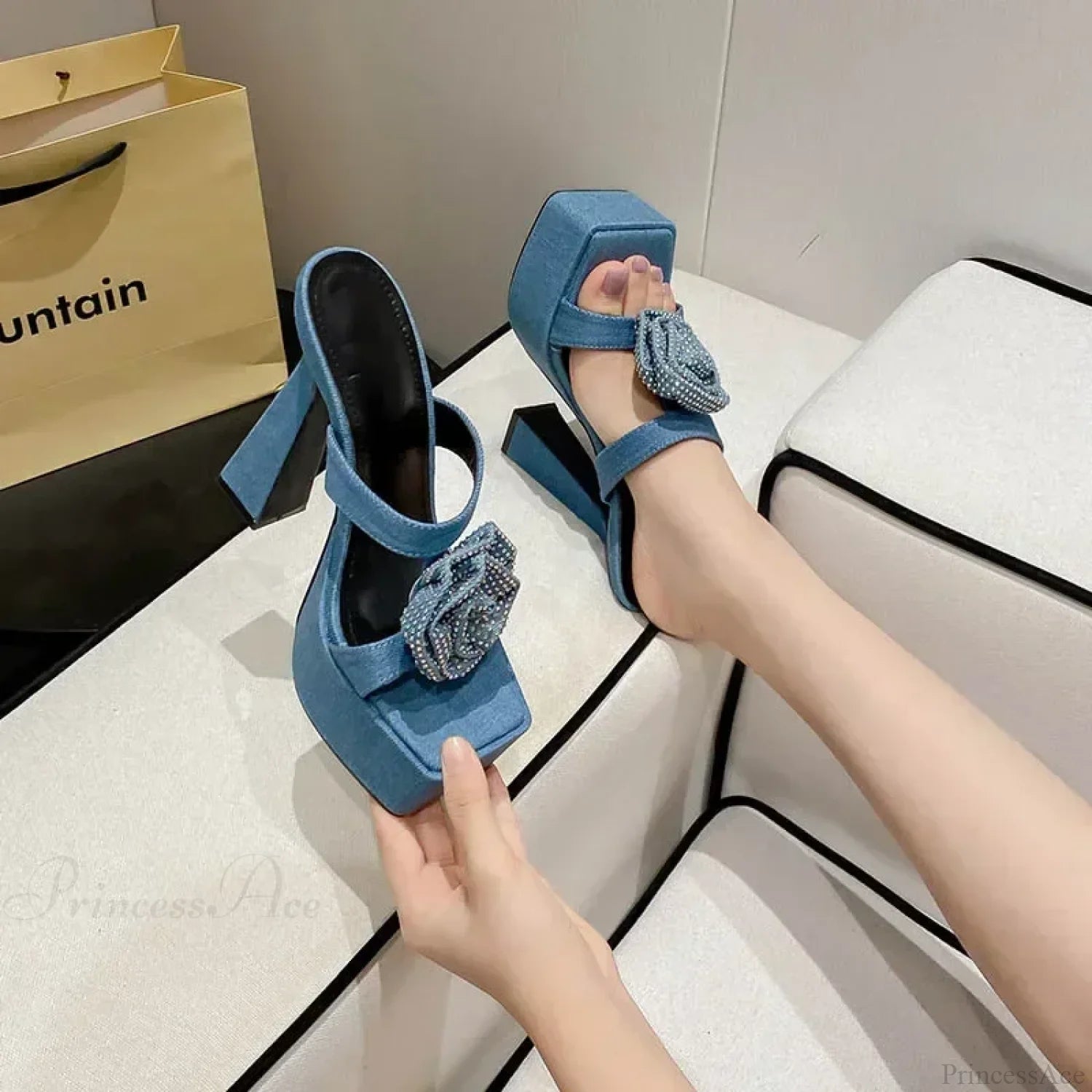 2024 New Denim Blue Rhinestone Rose Flower Chic Peep Toe Square High Heels Gladiator Heel