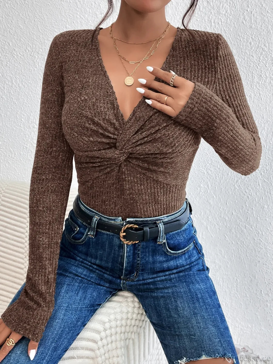 New Design Kink Deep V-Neck Solid Color Slim Sweater Top Women knittop-250126