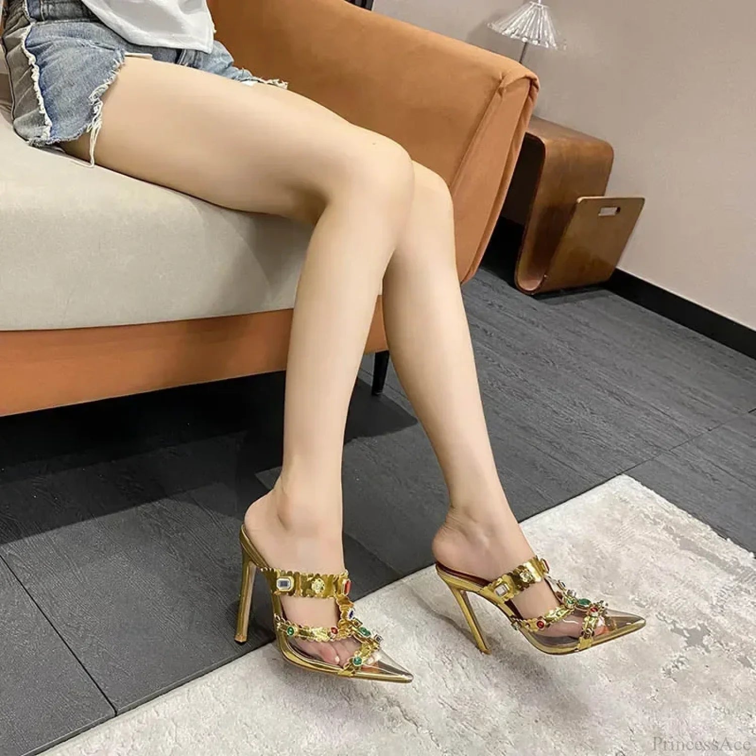 2024 New Design Rhinestone Women Pumps Slippers Sexy Pointed Toe Baotou Transparent Pvc Thin High