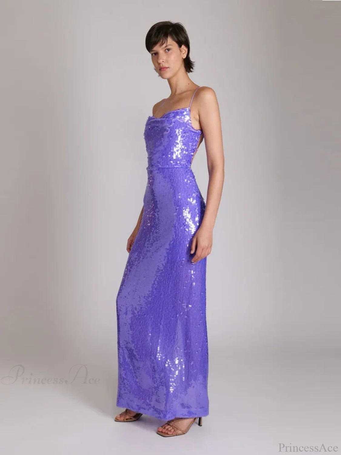 New Sexy Sleeveless Backless Lace-Up Slim Long Dress Bright Sequins Christmas Party Dresses-L