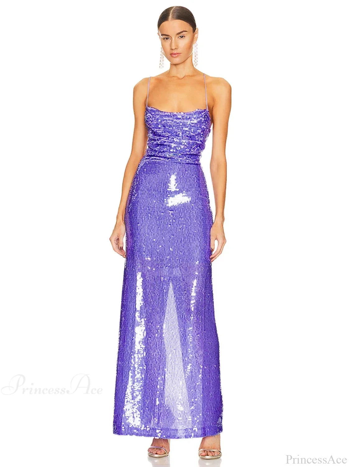 New Sexy Sleeveless Backless Lace-Up Slim Long Dress Bright Sequins Christmas Party Lavender / S