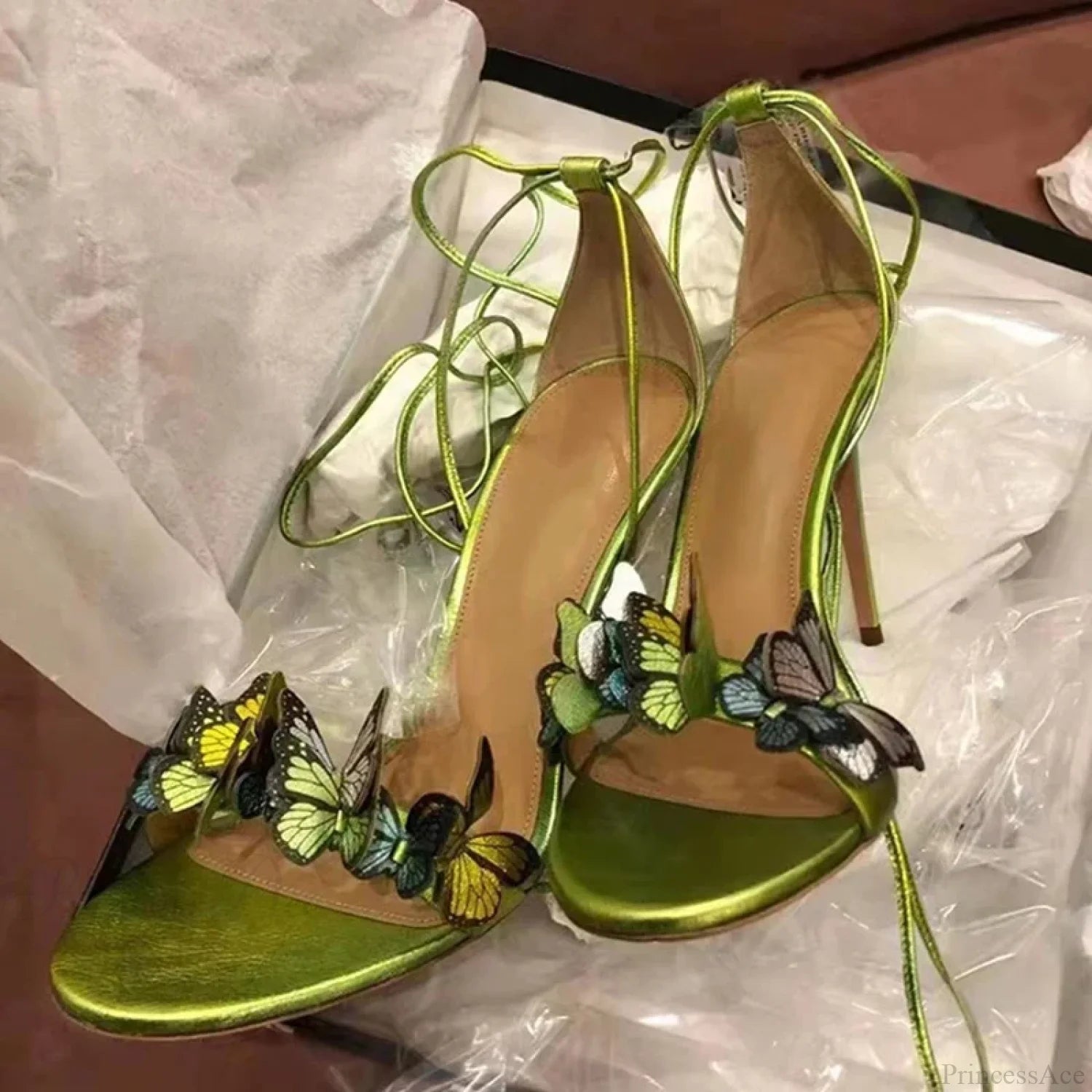 New Yellow Green Cross Strap Butterfly Open Toe Elegant High Heel 8Cm Shallow Green / 34