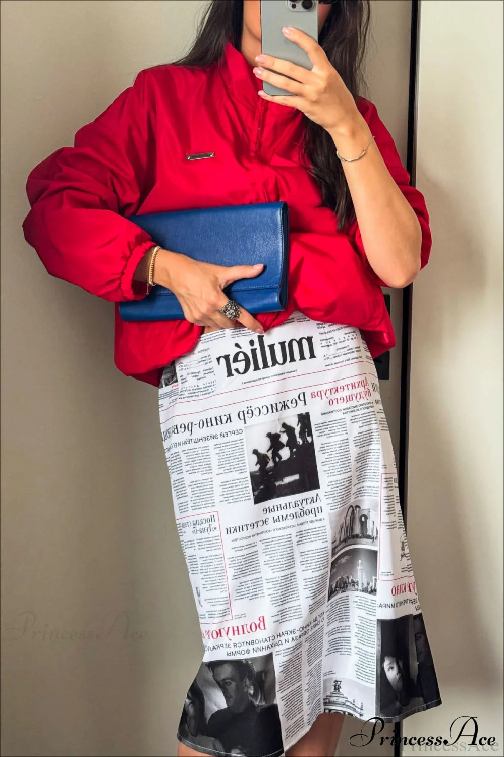 Newspaper Print High Waist Midi Skirt