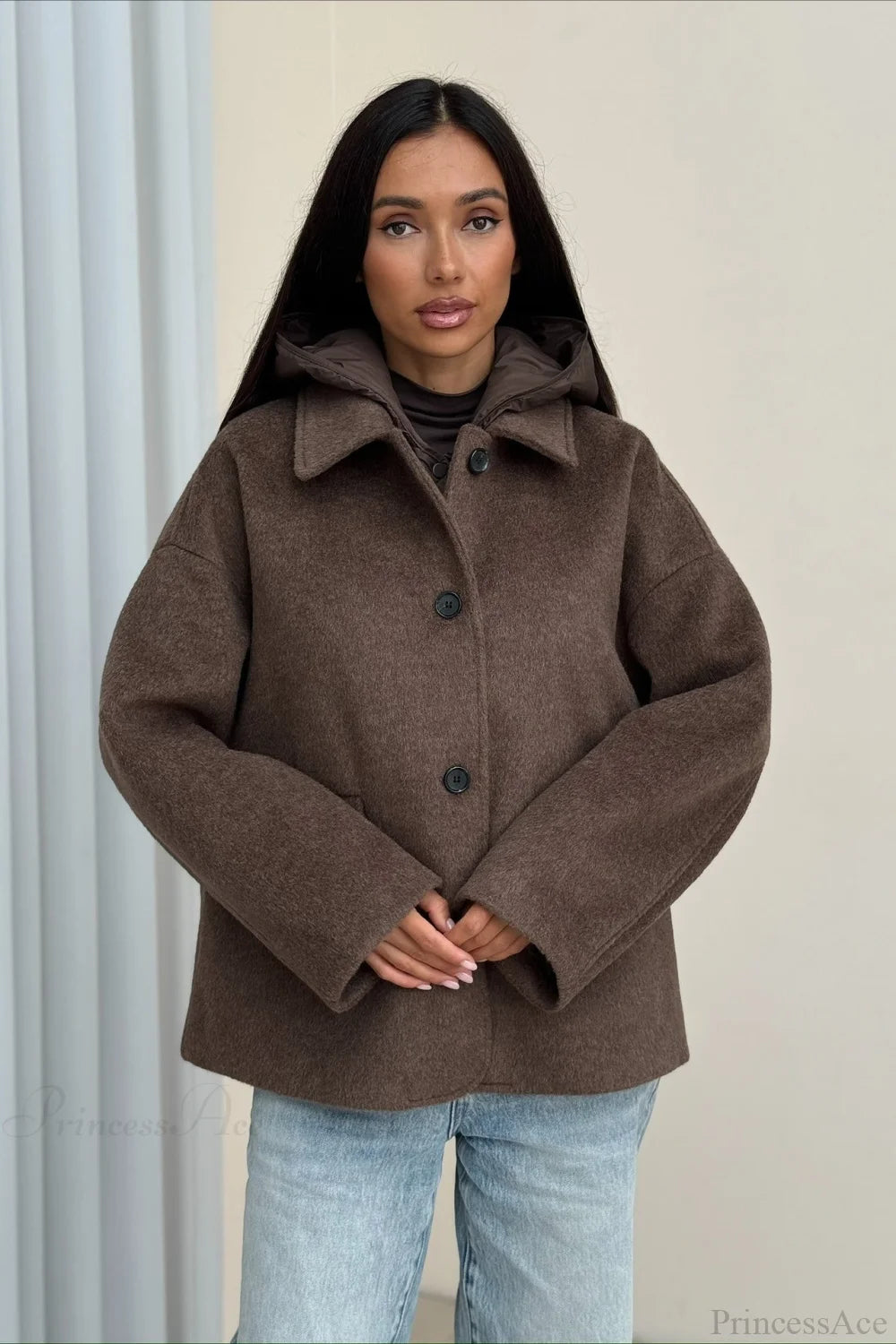 Notch Lapel Relaxed Fit Wool Blend Coat Brown / S