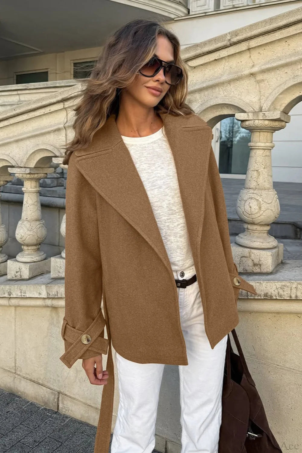 Notched Collar Wool Blend Tie Waist Barn Style Coat