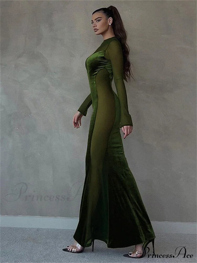 O Elegant Arm Dresses Fashion Full-Length Through Fall Party Gown Club Neck For Outfits Sexy - Long