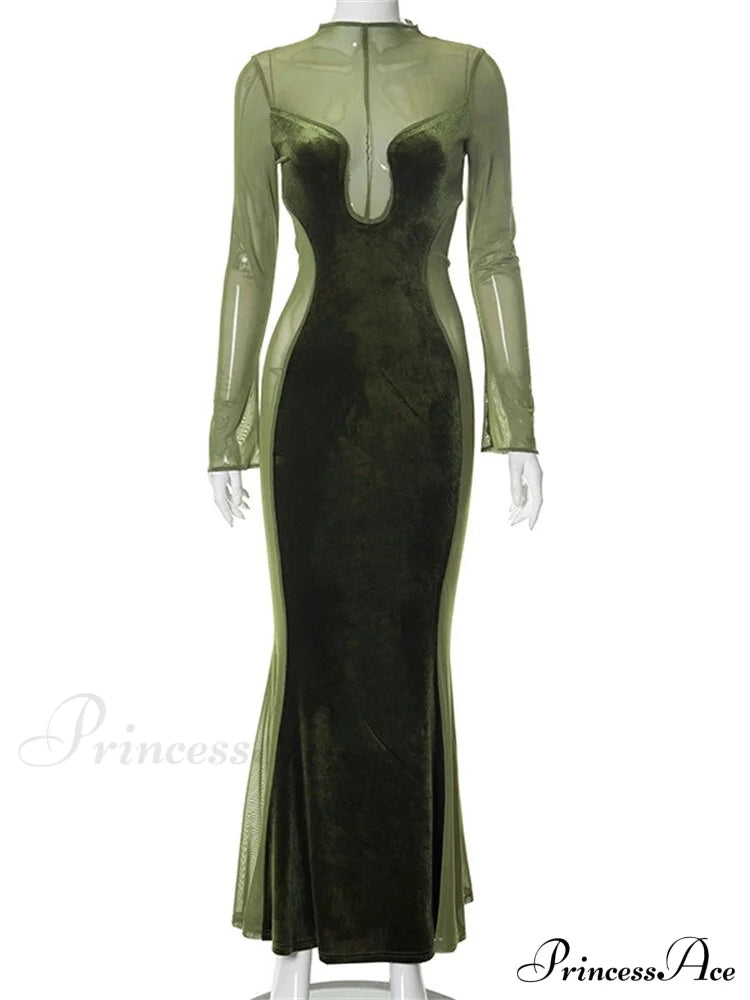 O Elegant Arm Dresses Fashion Full-Length Through Fall Party Gown Club Neck For Outfits Sexy - Long