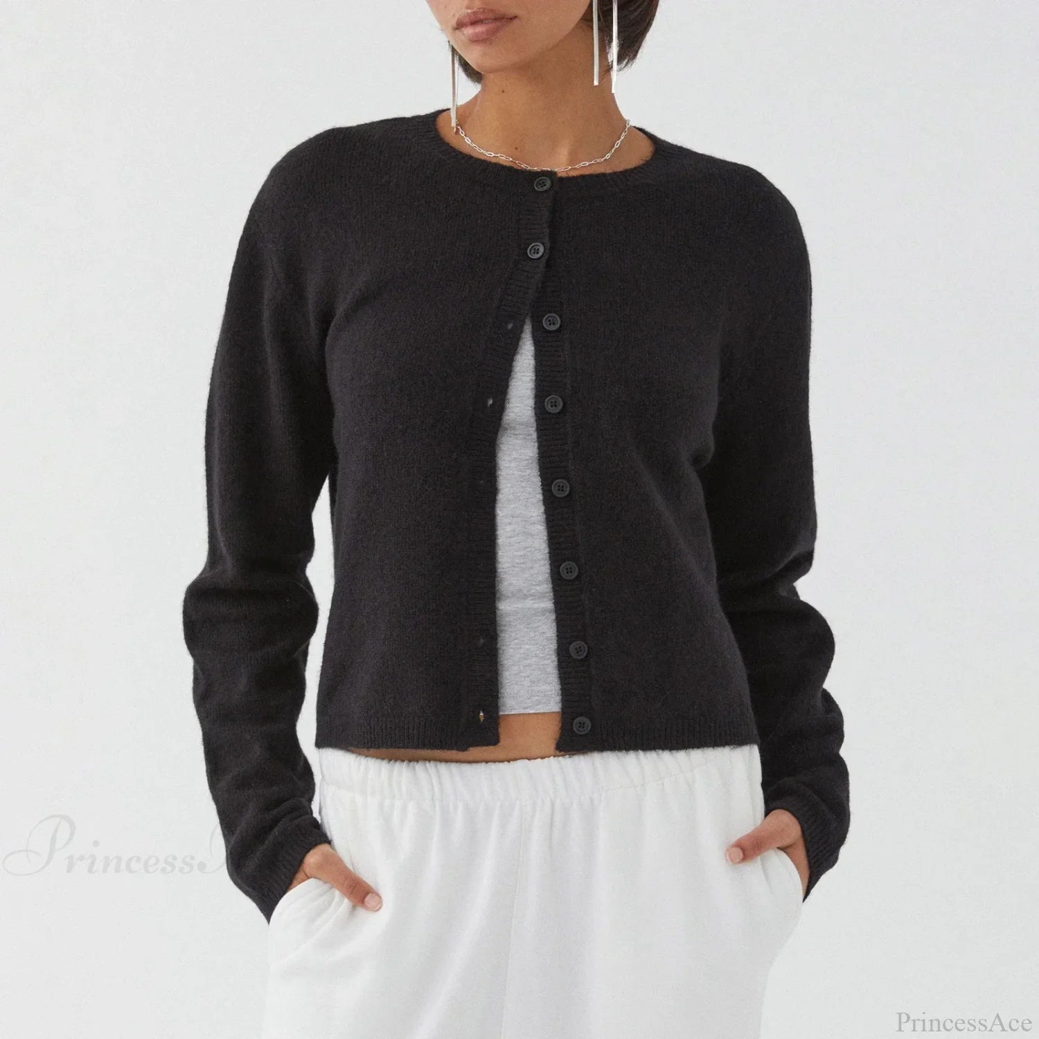 O-neck Cropped Button Knitted Cardigan black / S