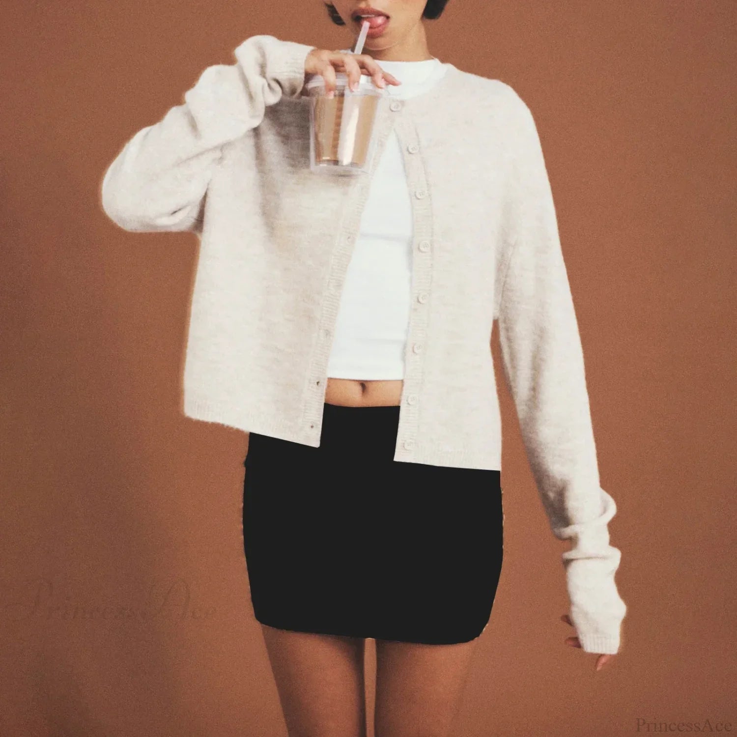 O-neck Cropped Button Knitted Cardigan white / S