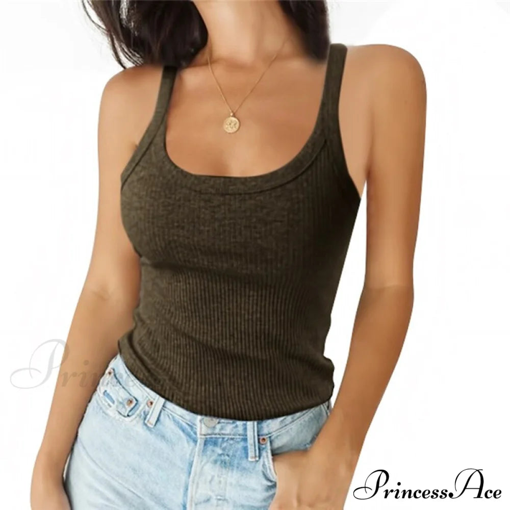 O Neck Knittrf Sleeveless Basic Top Brown / S