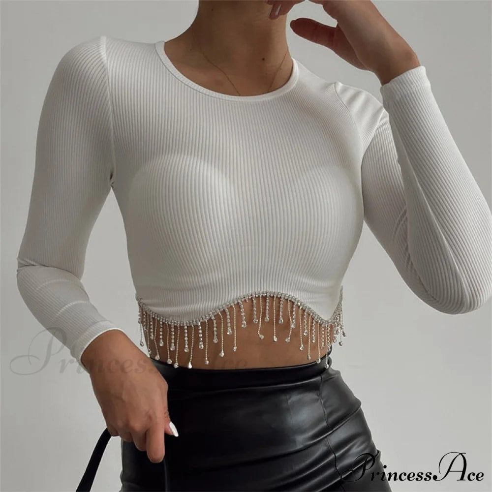 O-Neck - Streetwear Top Casual 2024 Rhinestone Spring Long Women’s Arm Tassel Crop Hem T-Shirt 02