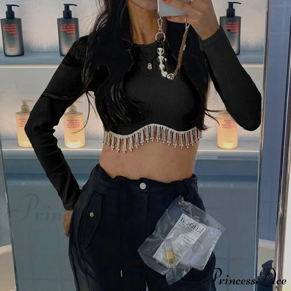 O-Neck - Streetwear Top Casual 2024 Rhinestone Spring Long Women’s Arm Tassel Crop Hem T-Shirt 04