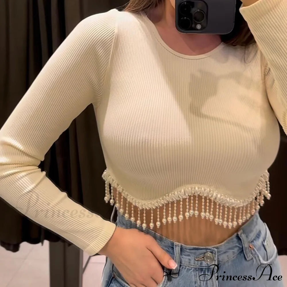 O-Neck - Streetwear Top Casual 2024 Rhinestone Spring Long Women’s Arm Tassel Crop Hem T-Shirt 06