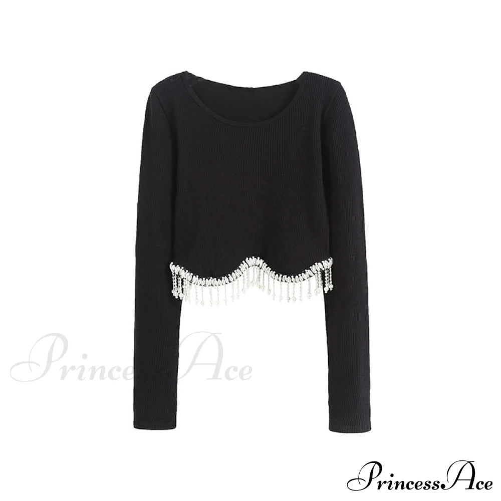 O-Neck - Streetwear Top Casual 2024 Rhinestone Spring Long Women’s Arm Tassel Crop Hem T-Shirt 06