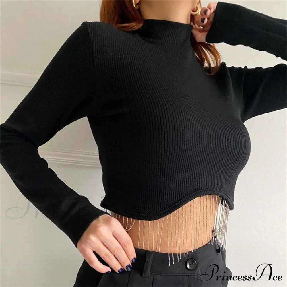 O-Neck - Streetwear Top Casual 2024 Rhinestone Spring Long Women’s Arm Tassel Crop Hem T-Shirt 07