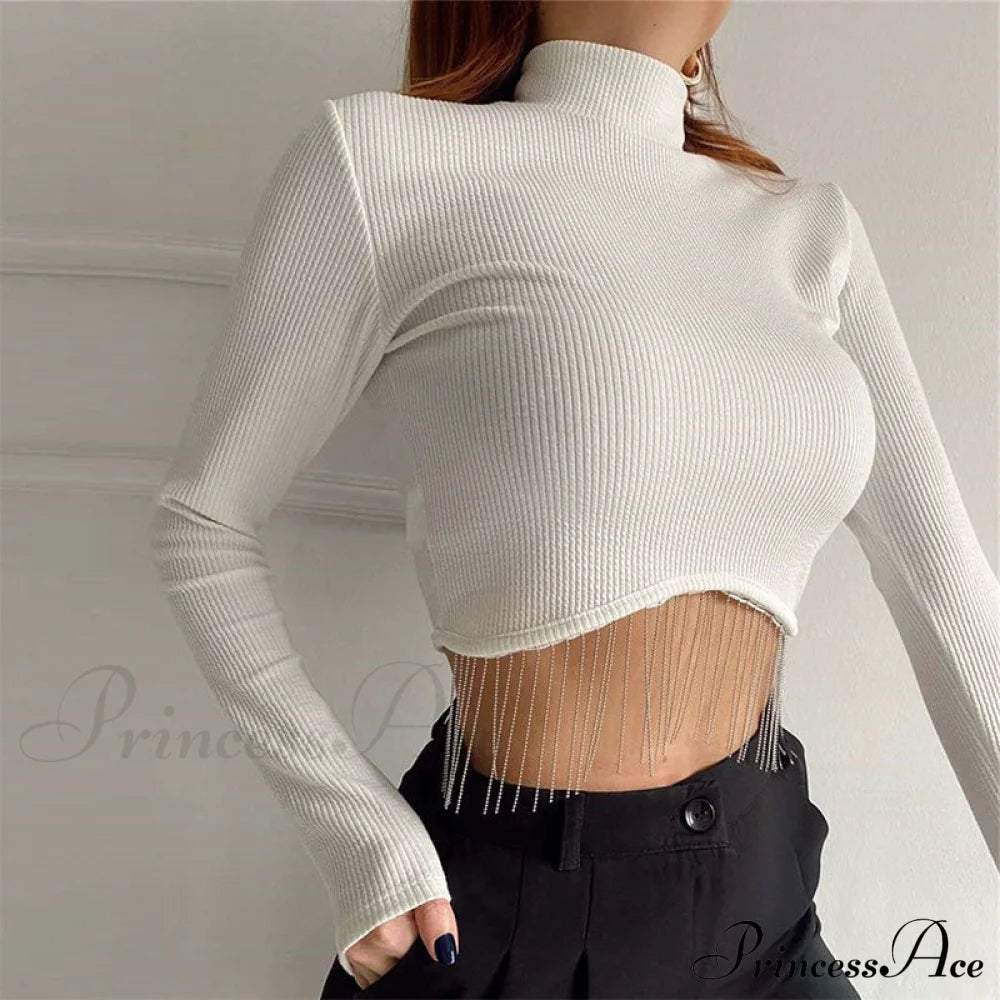 O-Neck - Streetwear Top Casual 2024 Rhinestone Spring Long Women’s Arm Tassel Crop Hem T-Shirt 07