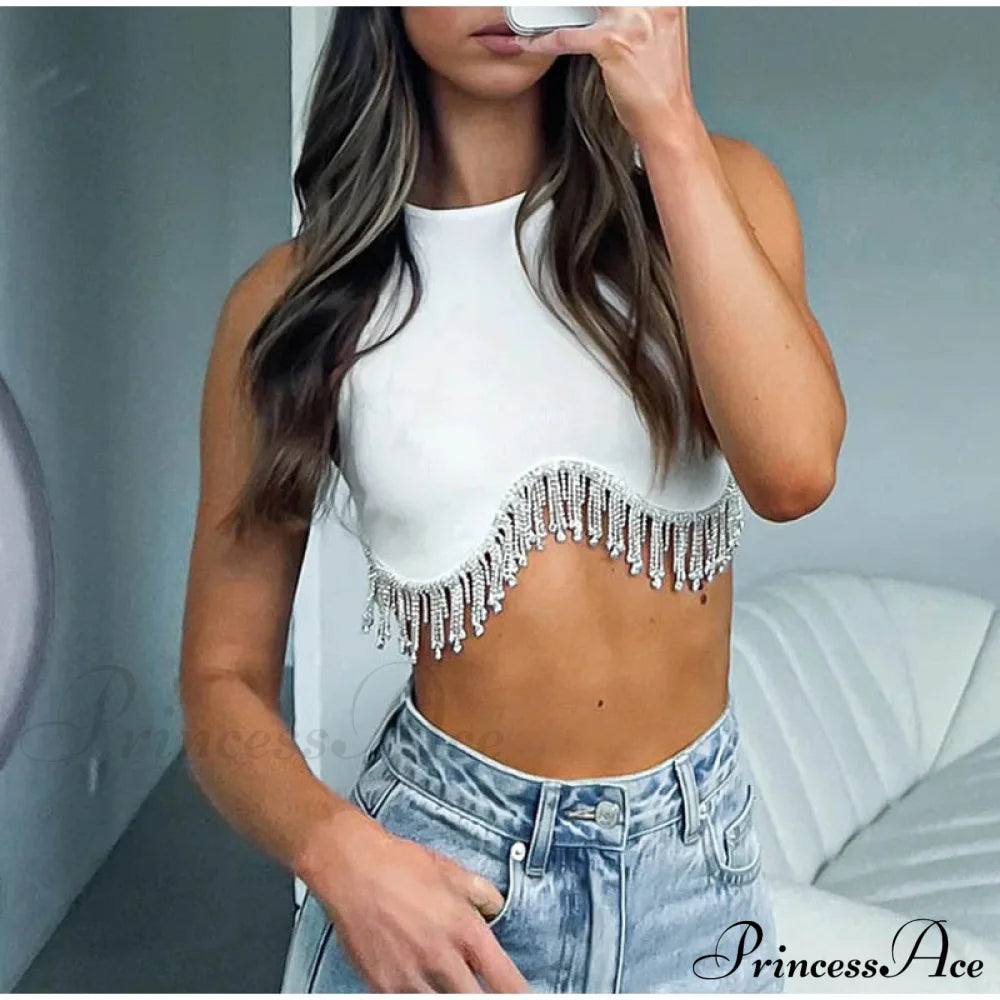 O-Neck - Streetwear Top Casual 2024 Rhinestone Spring Long Women’s Arm Tassel Crop Hem T-Shirt 08