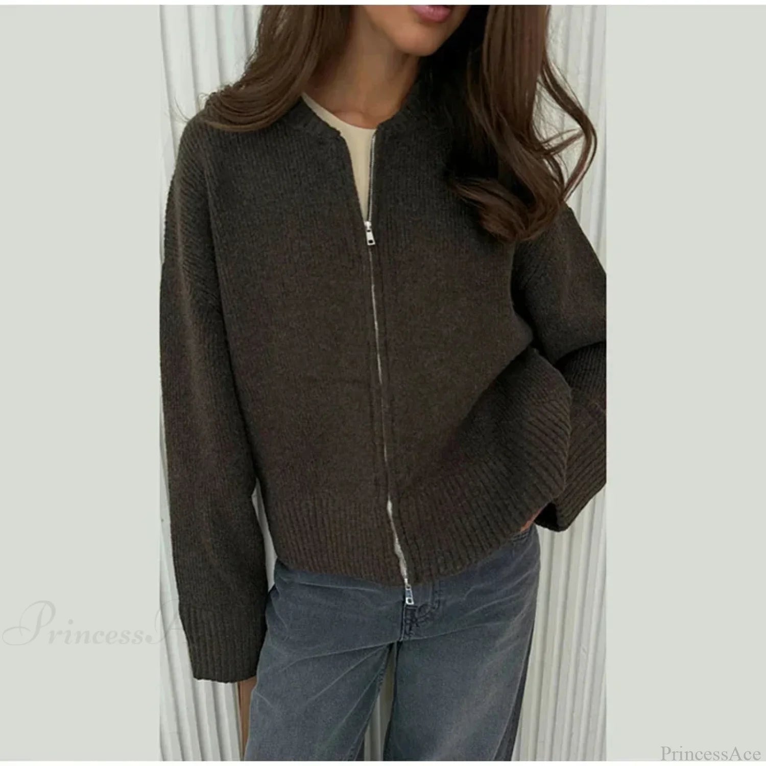O-neck Zipper Loose Knit Cardigan dark brown / S