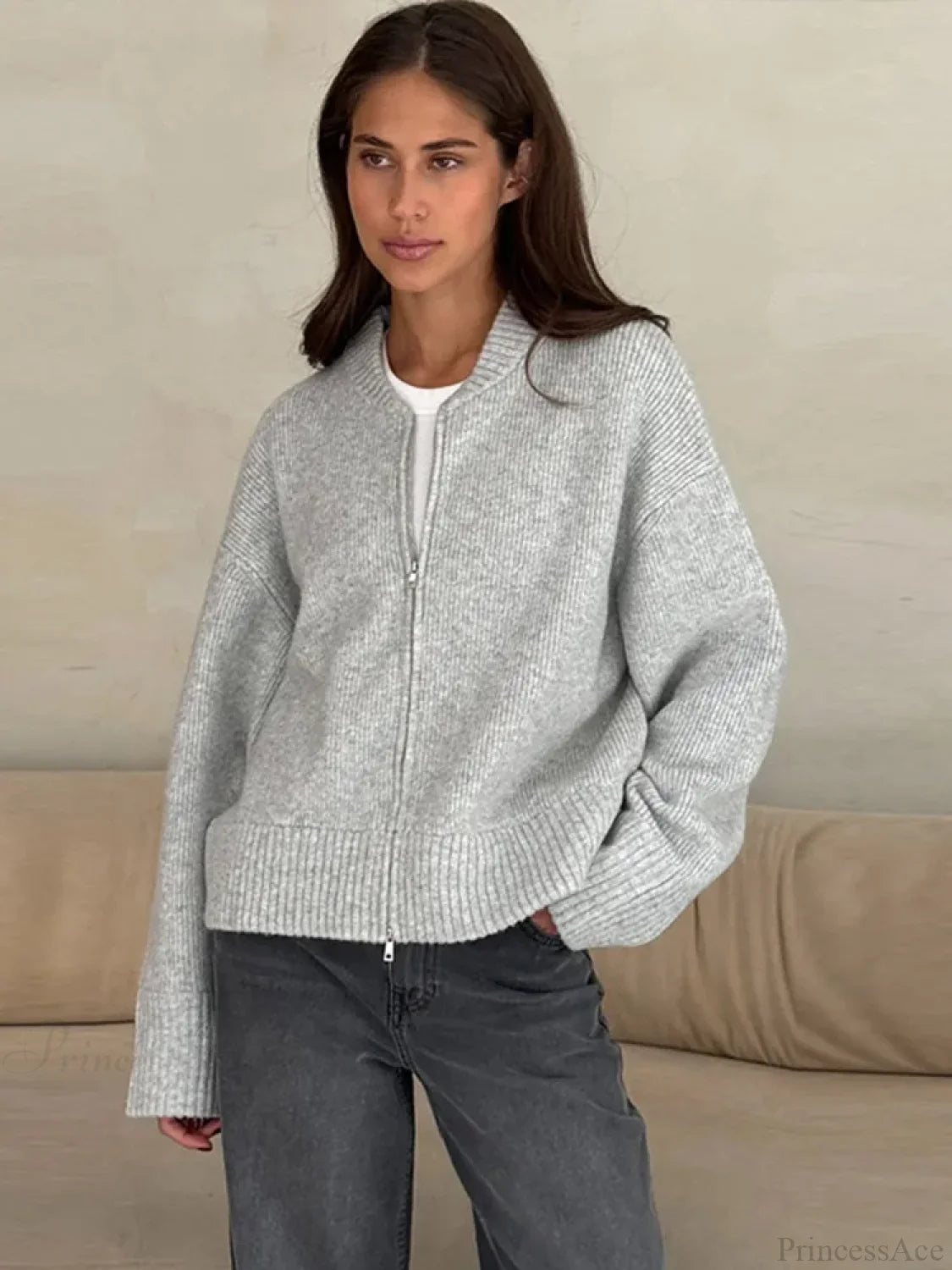 O-neck Zipper Loose Knit Cardigan Grey / S