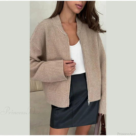 O-neck Zipper Loose Knit Cardigan khaki / S