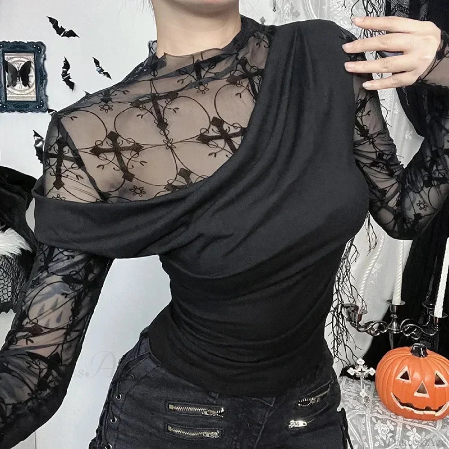 Obscure Gothic Net Patchwork Blouse